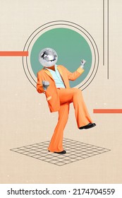 Collage photo of crazy energetic dancing disco ball man enjoy retro style party isolated on pastel geometry pattern background
