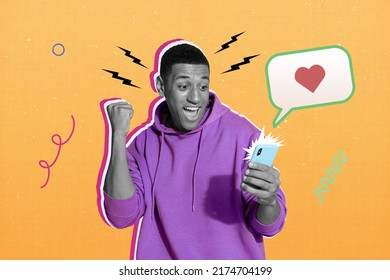 Collage photo of delighted person black white colors hold use telephone raise fist success achievement new like doodle - Shutterstock ID 2174704199