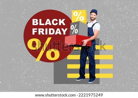 Collage photo of delivery courier guy carry your package boxes with best price black friday last chance buy isolated on grey color background