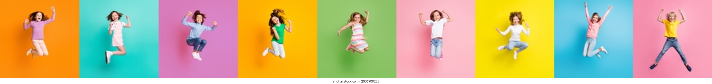Collage photo diversity race friendly little kids boys girls jumping up win shopping discounts isolated over colored background