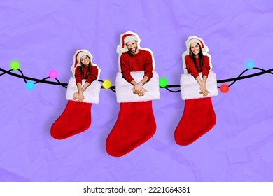 Collage photo of family creative concept present preparation christmas socks for gifts hanging garland miniature isolated on purple color background