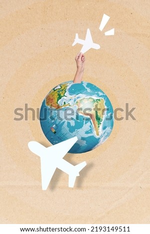Collage photo of flying aircraft paper plane destination around world earth travel vacation summer isolated on beige color background