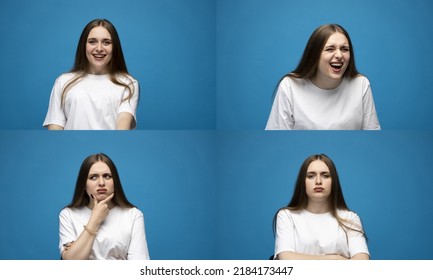 Collage Photo With Four Different Happy And Sad Emotions In One Young Brunette Woman In White T-shirt On Blue Background. Set Of Young Woman's Portraits With Different Emotions.