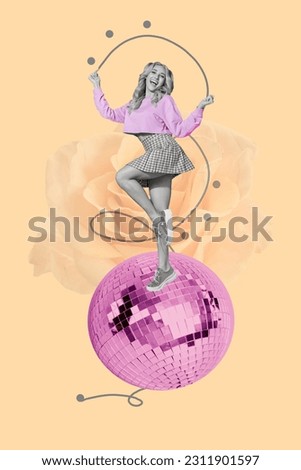 Collage photo of funky dancing wearing mini skirt girl nightclub summer party disco ball event occasion party isolated on beige background