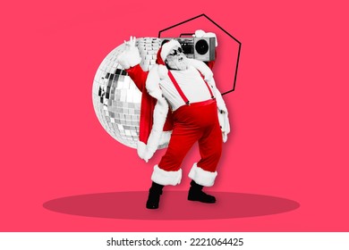 Collage photo of grandfather pensioner heavy metal listen music hold boombox discoball wear santa claus costume isolated on pink color background - Powered by Shutterstock