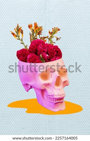 Collage photo halloween flower bowl bouquet fresh blooming bouquet natural flowers pink dead human head skull isolated on painting background