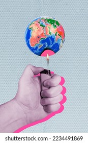 Collage photo of hand hold lighter blaming sphere planet earth killing environment flame melts oceans global warming isolated on grey background
