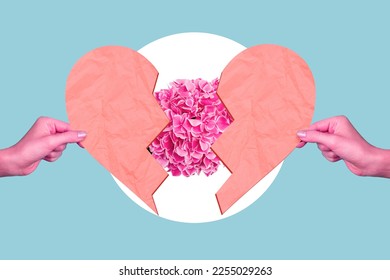 Collage photo hands hold halves broken heart present valentine day blooming pink flowers natural gift february holiday isolated blue background