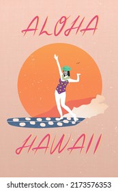 Collage photo of happy woman surfing in hawaii spend vacation holidays on tropical island isolated on sunset background
