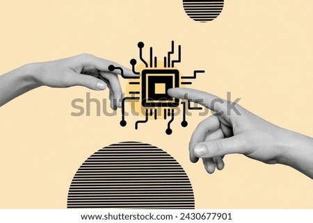 Collage photo illustration of modern microchip processor point fingers new technology in industry cpu intel isolated on beige background