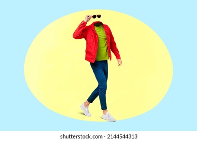 Collage photo image surreal headless male go down town city incognito person trendy clothing on colorful background - Powered by Shutterstock