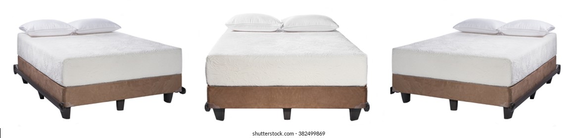 Collage Photo Of King Size Bed With Mattress And Pillows Isolated On White Background