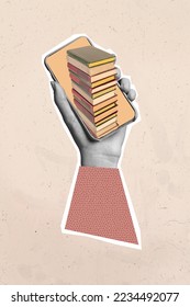 Collage photo of knowledge concept of hand holding pile books ereader smartphone display useful convenient gadget isolated on beige background