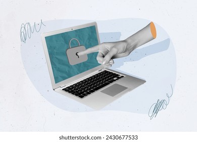 Collage photo of laptop computer lock screen protection to save data fingers trying click password isolated on gray color background
