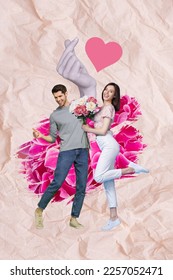 Collage photo lovely couple students guy stay and his cute beautiful girlfriend hold bouquet gerbera flowers date isolated pink background