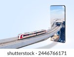 Collage photo of a monorail heading to a station on a big phone screen