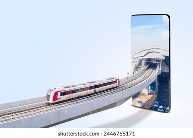 Collage photo of a monorail heading to a station on a big phone screen - Powered by Shutterstock