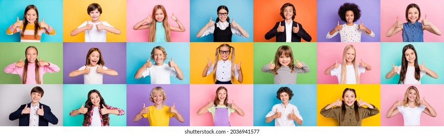 Fotografía en color de múltiples razas mixtas amigables escolares niños niñas muestran el símbolo del pulgar hacia arriba descuentos selectivos temporada aislados sobre fondo de color