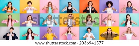 Collage photo of multiple different mixed races friendly schoolchildren boys girls show thumbs up symbol select season discounts isolated over colored background