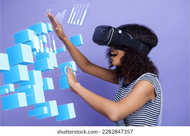 Collage photo new virtual reality analytics software investment tool girl wear vr goggles business statistics isolated on purple background - Powered by Shutterstock