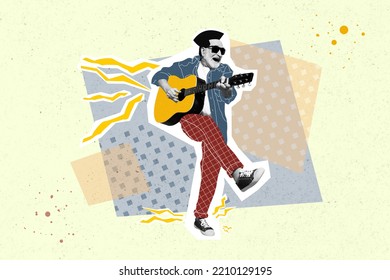 Collage Photo Of Old Age Senior Silhouette Man Grandfather Cool Swag Playing Guitar Musical Instrument Relax Isolated On Painted Background