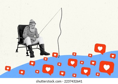 Collage photo of old pensioner fisherman sitting chair wear funny hat trying catch more popularity like button isolated on white color background