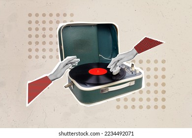 Collage photo of old vintage gramophone music player recorder vinyl disk nostalgia from 60s listen pop hits isolated on painted grey background