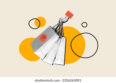 Collage photo of package paper bargains shopping bags guess what inside surprise question mark proposition isolated on beige background