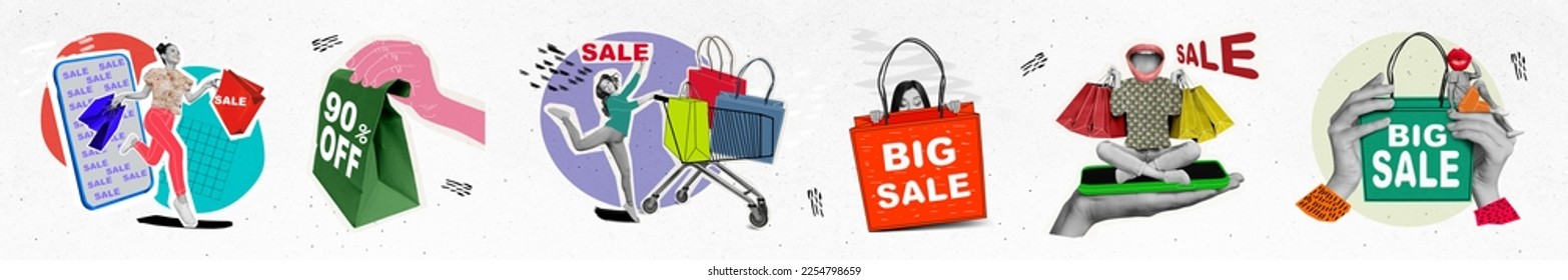Collage photo panorama of shopping sale promo woman run with packages smartphone high percent deal hypermarket cart isolated on white background - Shutterstock ID 2254798659