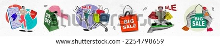 Collage photo panorama of shopping sale promo woman run with packages smartphone high percent deal hypermarket cart isolated on white background