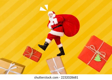 Collage photo picture of funny old saint nicholas man bring huge gift sack christmas commerce shopping promo isolated on yellow color background