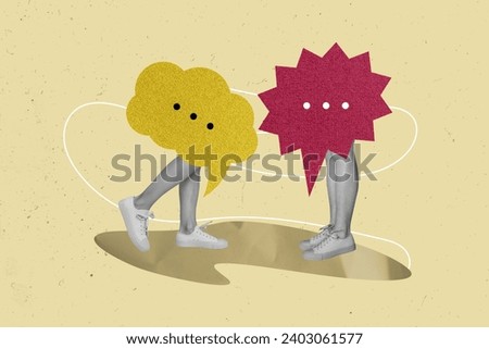 Collage photo picture of headless people in dialogue no face speaking copyspace bubble clouds talking isolated on yellow color background