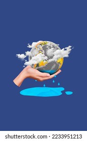 Collage photo picture of world planet sphere hand hold continent clouds air pollution warming temperature ocean dried isolated on blue background - Shutterstock ID 2233951213