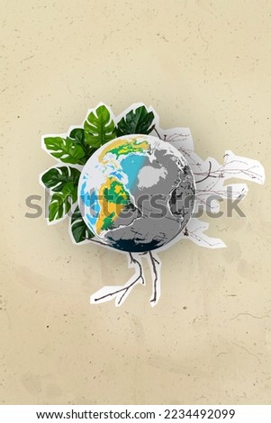 Collage photo poster of ecology dead concept half planet earth dying dessert environmetal problem growth plant isolated on beige background