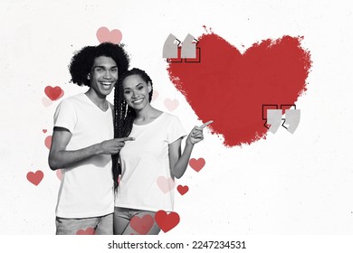 Collage photo poster greetings happy valentine day positive couple directing fingers drawing creative red heart isolated white background