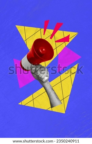Collage photo poster picture of arm holding megaphone speech stop war ukraine russian invasion isolated on yellow blue color background