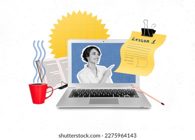 Collage photo remote education courses point finger paper first lesson internet preparation examination drink coffee isolated white background