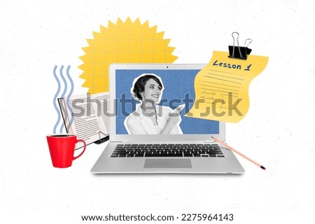 Collage photo of remote education courses point finger paper first lesson internet preparation examination drink coffee isolated on white background