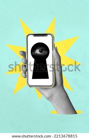 Collage photo of robbery eye trying unlock new smartphone antivirus app visual effect protection isolated on green color background