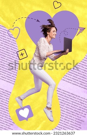 Collage photo of running funky influencer blogging woman hold laptop content maker high popularity much likes isolated on yellow background