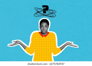 Collage photo serious woman shrug shoulders no idea question mark dont know solution answer wear painted plaid shirt isolated blue background