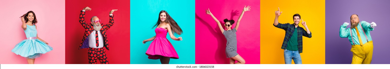 Collage photo six cool funny active modern people diversity fancy ladies hipster guys men good mood discotheque festive clubbers isolated many colors violet teal yellow pink red background - Shutterstock ID 1806023158