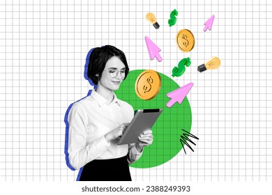 Collage photo template of cheerful business analytic girl browsing tablet monitors the progress company isolated on plaid background