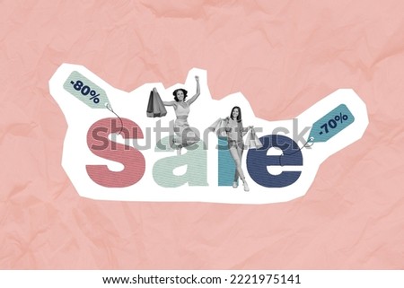 Collage photo of two funny positive young girls celebrating big sale low prices high discount hold bargain hooray isolated on pink color background
