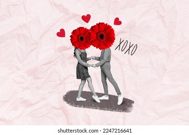 Collage photo of two young together people lovers headless red gerbera flower celebrate wedding day slow dance isolated on pink painted background - Shutterstock ID 2247216641