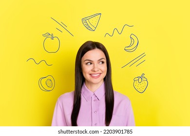 Collage photo of young adorable pretty nice woman wear office stylish shirt dreamy look painted food smile tasty lunch isolated on yellow color background - Shutterstock ID 2203901785