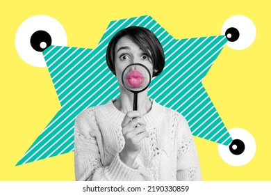 Collage photo young attractive crazy woman use magnifying glass lips enhancement shock isolated drawing yellow color background