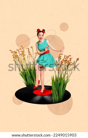 Collage photo of young attractive dancing nostalgia retro music natural flowers growing bush spring season isolated on beige color background