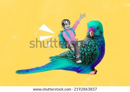 Collage photo of young boy little kid wear backpack lenses sitting big parrot fly surreal isolated on yellow color background