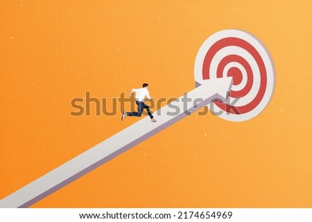 Collage photo of young businessman running forward achieve his goals growing up isolated on arrow pointing to darts target background